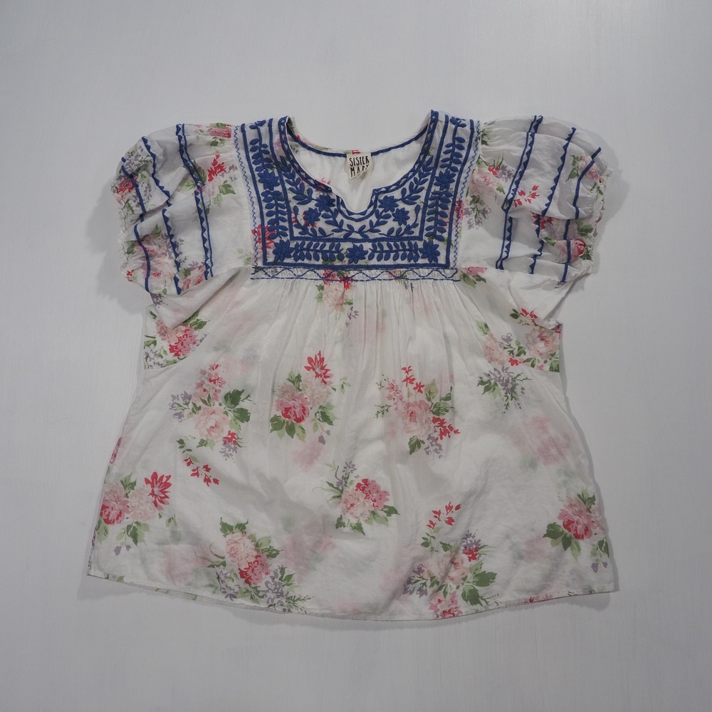 Sister Mary Patsy Top Womens Medium White Tunic Floral Embroidered Puff Sleeve